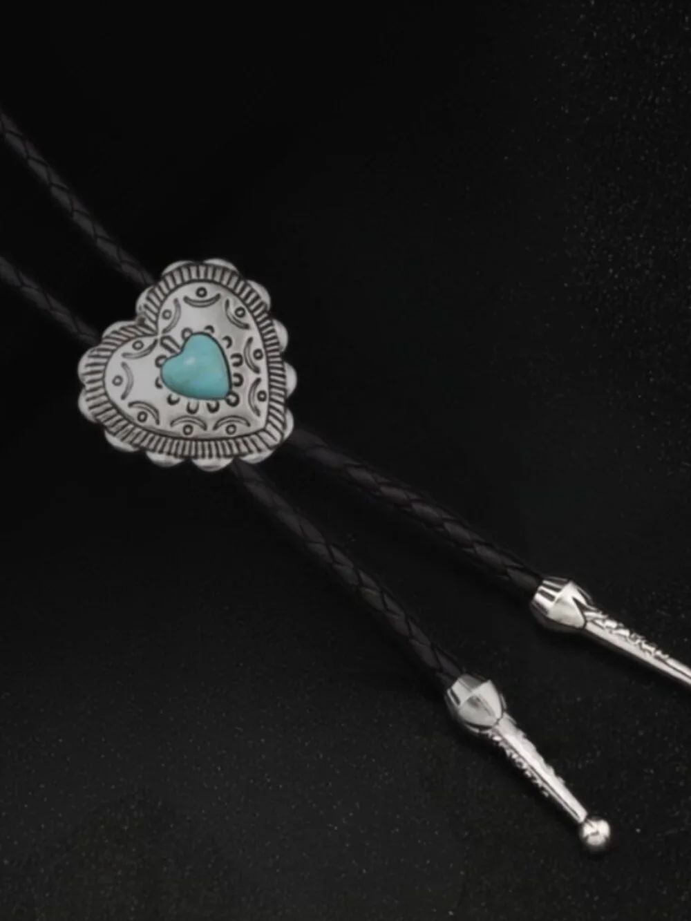 NWT Western Silver Tone Faux Turquoise Heart Bolo Tie Cowboy Necklace